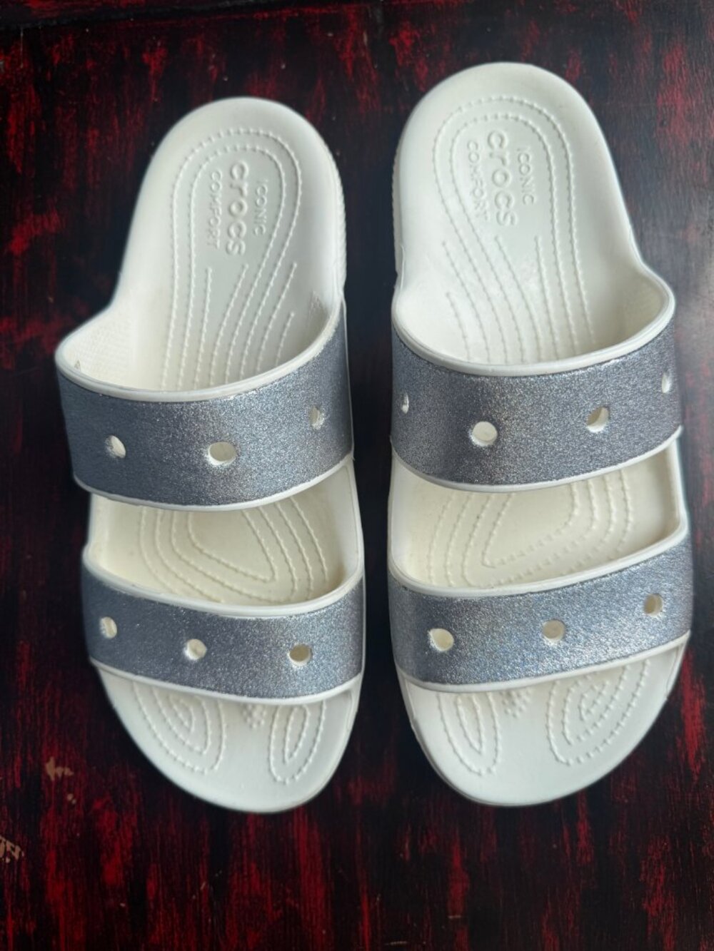 Crocs Classic Double Strap Slide Sandals White Silver Glitter M8 W10 Iconic Comf